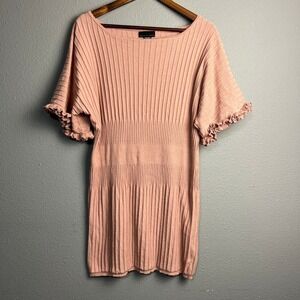 Apostrophe Pink Ribbed Knit Top Ruffle Sleeve Boho Boat Neck Casual Blouse XL